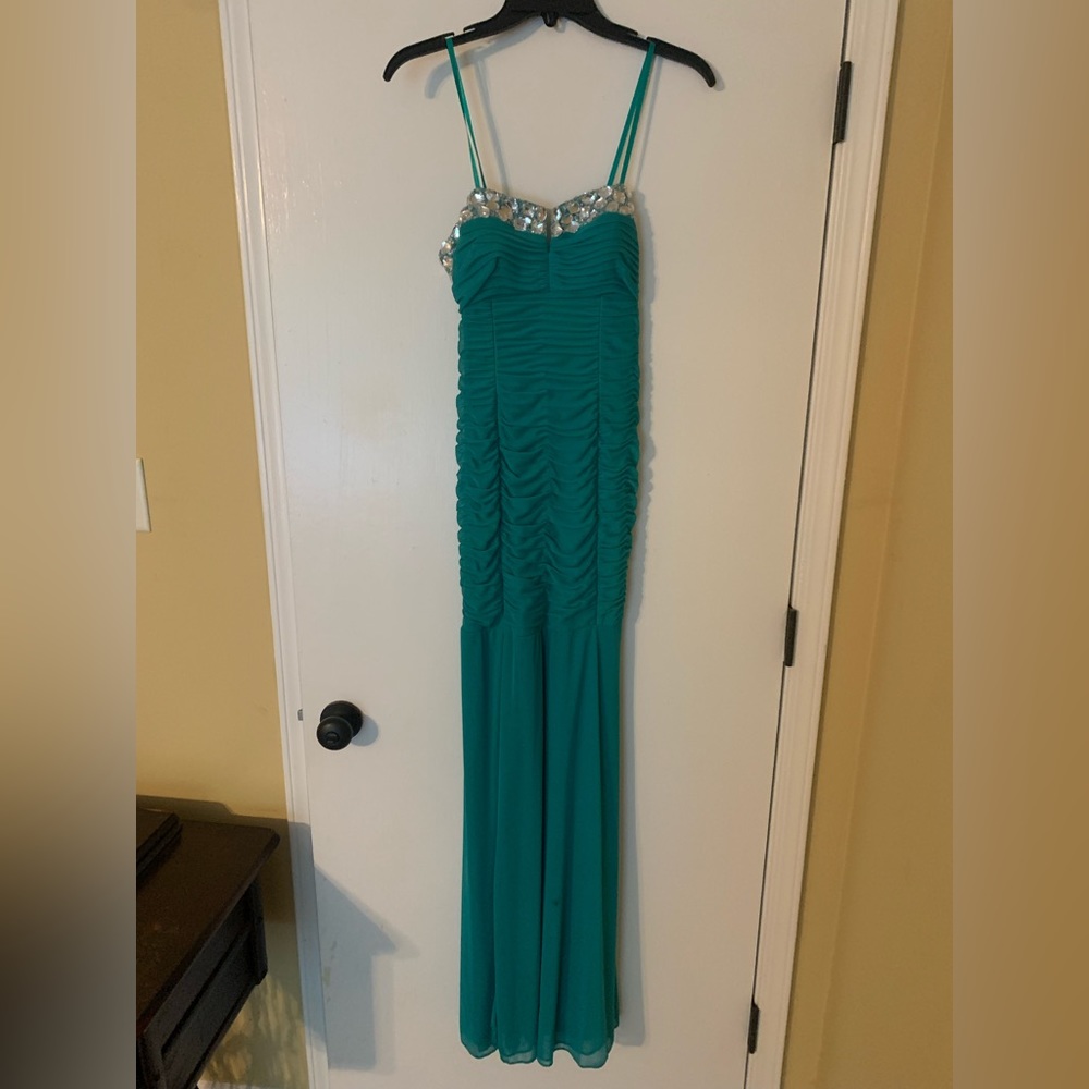 Strapless teal formal dress